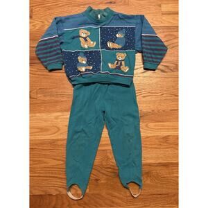 Vtg 80s Girls SPUMONI 2 Pc Set Top Pants Teal Blue Winter Teddy Bears Size 4 SM